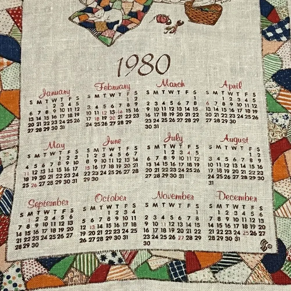 1980 Linen Towel Calendar Sunbonnet Sue Quilter Patchwork Vintage Wall Hanging